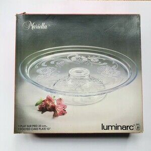 Luminarc Mariella footed cake plate 13" Crystal Floral Clear Made in France wg